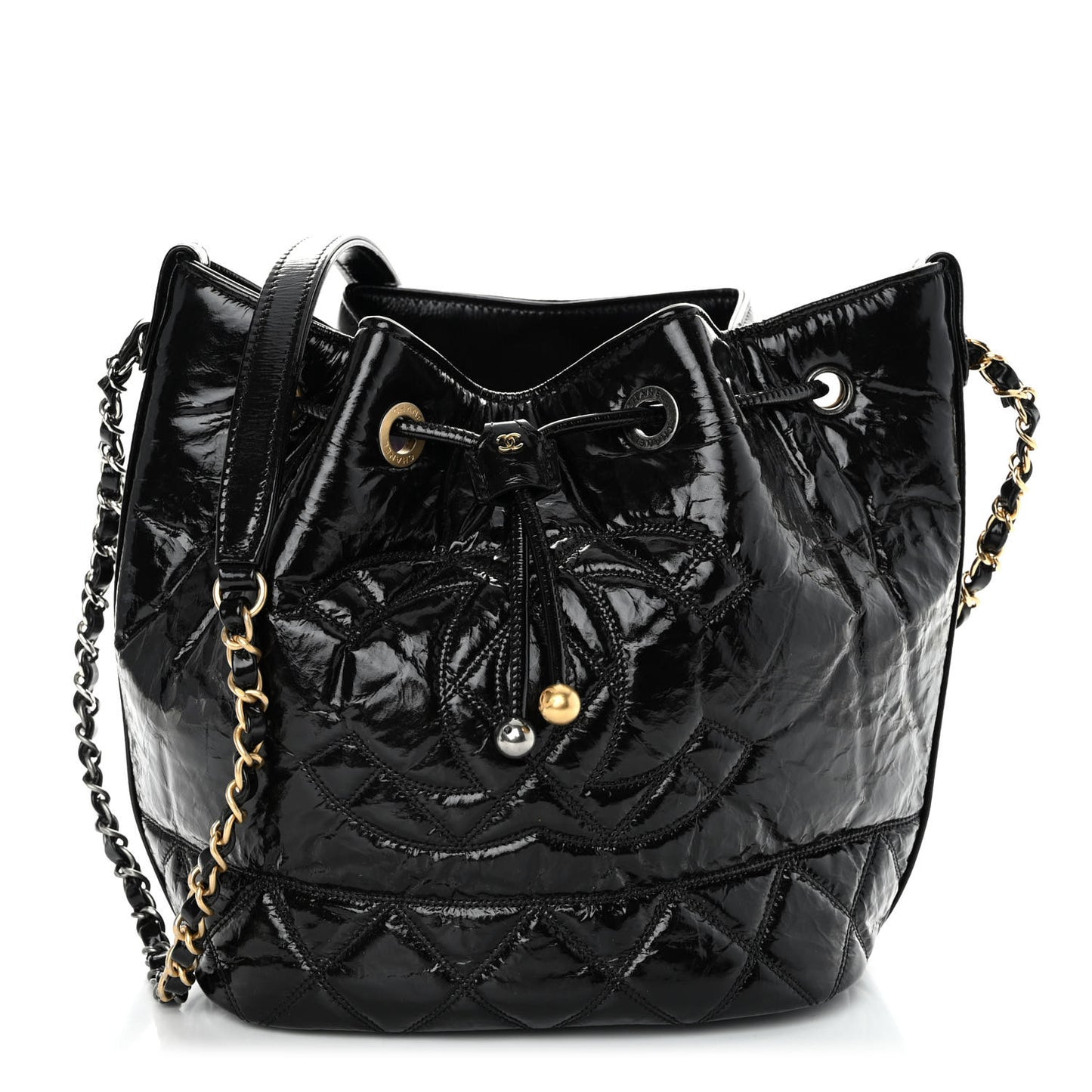 Shiny Aged Calfskin CC Chain Drawstring Bag Black