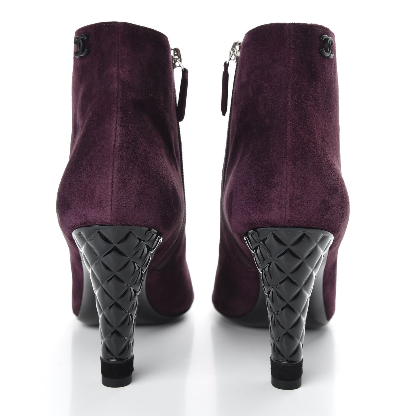 Suede Calfskin Patent Quilted CC Peep Toe Short Boots 40 Purple