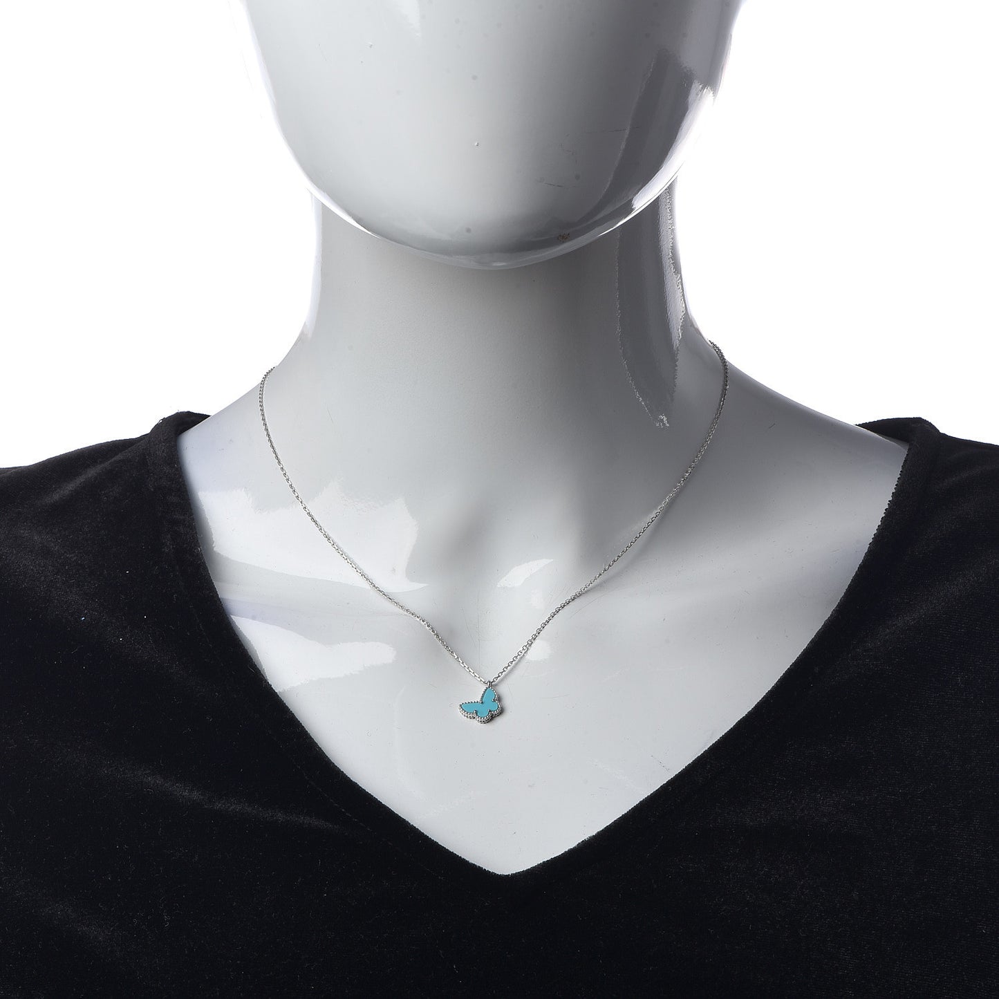 18K White Gold Turquoise Sweet Alhambra Butterfly Pendant Necklace