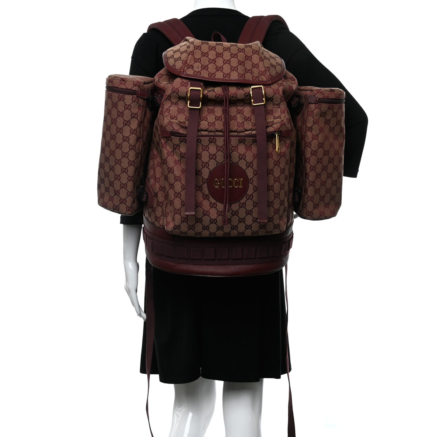 GG Monogram Script Logo Large Double Pocket Backpack Sahara Rubino Bordeaux