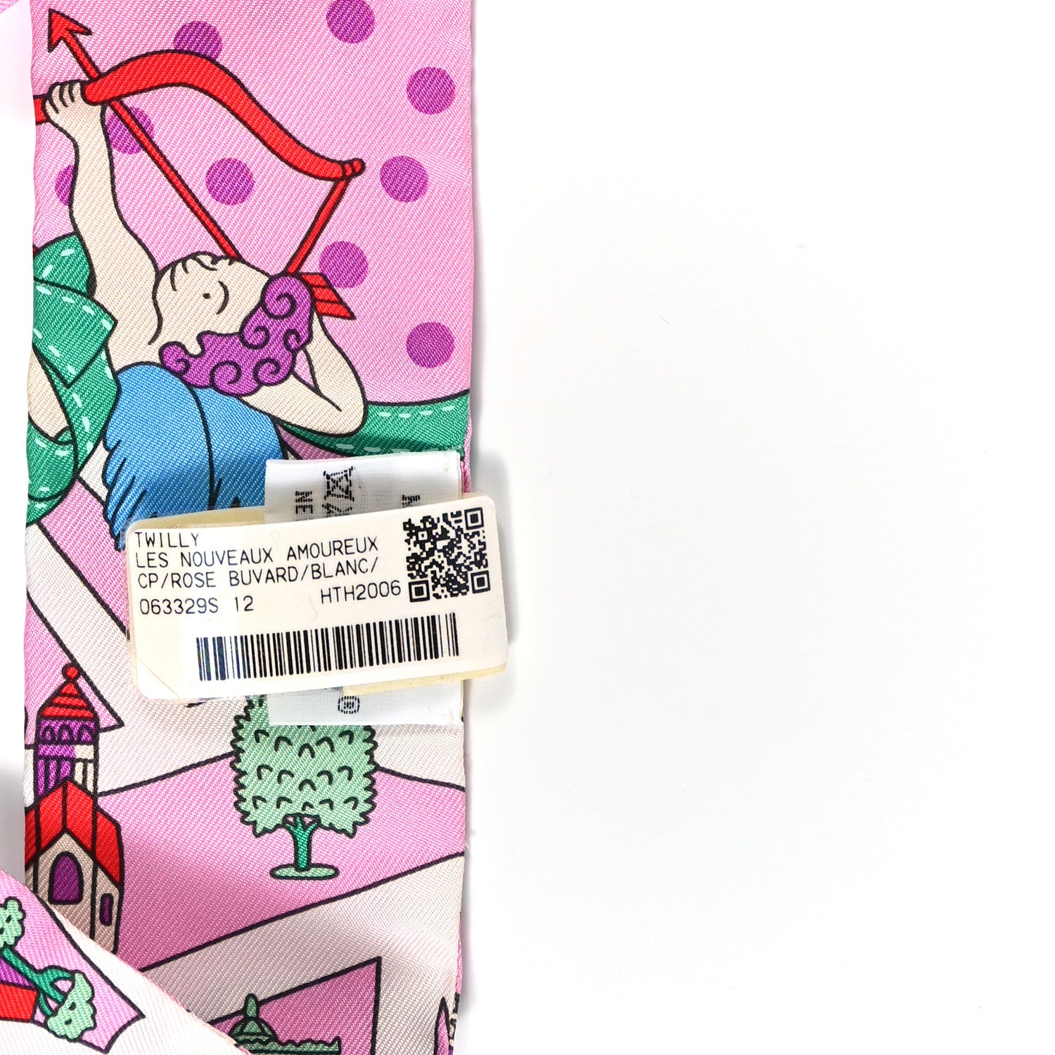 Hermes Silk Les Nouveaux Amoureux de Paris Twilly Rose Buvard White Vert 3 of 4