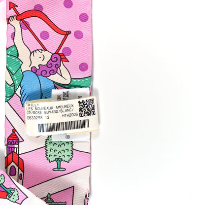 Hermes Silk Les Nouveaux Amoureux de Paris Twilly Rose Buvard White Vert 3 of 4