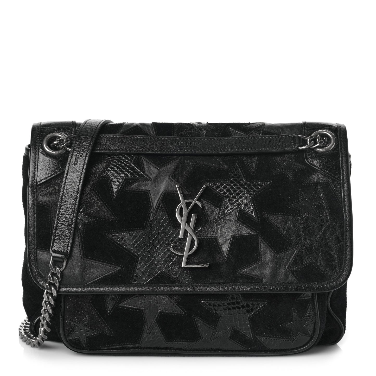 Calfskin Ayers Star Patchwork Monogram Medium Niki Chain Satchel Black