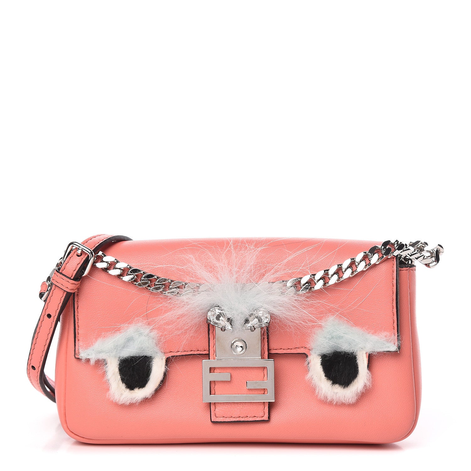 Fendi Nappa Rabbit Fox Fur Micro Buggie Baguette Coral 1 of 10