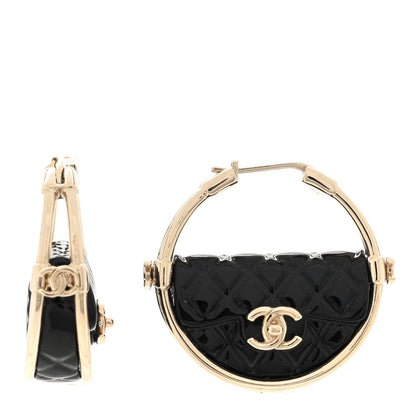 Chanel Metal Resin Quilted Flap Bag Hoop Earrings Black Gold 1 of 5