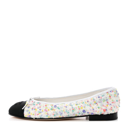 Chanel Tweed Sequin Grossgrain Cap Toe Ballerina Flats 40 Ecru Multicolor Black 1 of 10