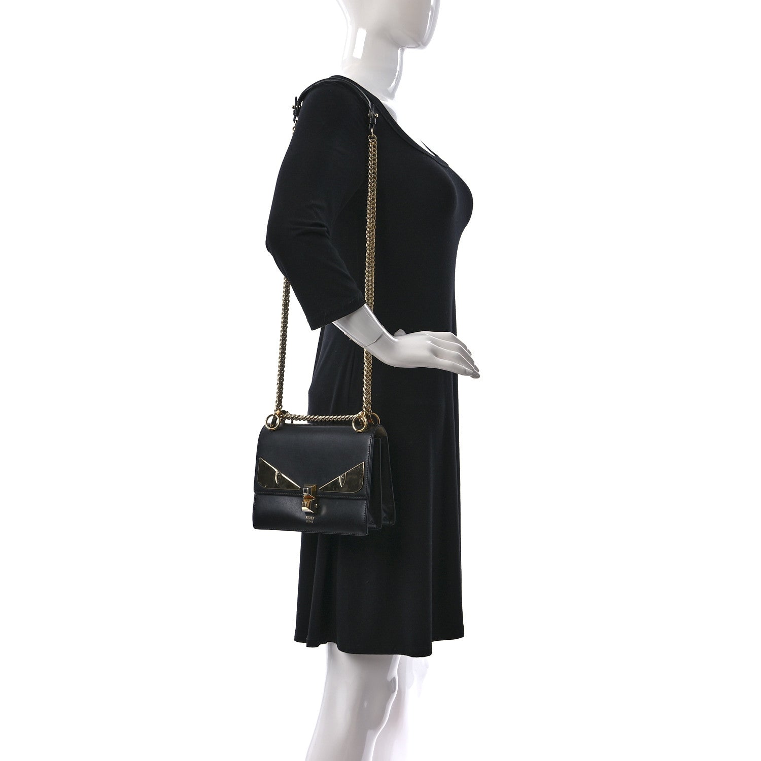 Fendi Vitello Liberty Metal Monster Eyes Small Kan I Shoulder Bag Black Gold 2 of 10