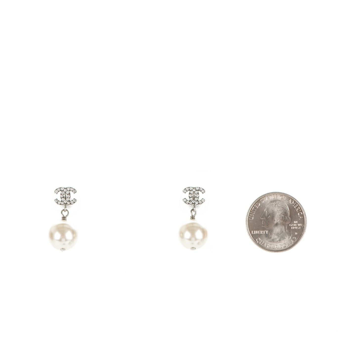 Crystal Pearl CC Drop Earrings Silver