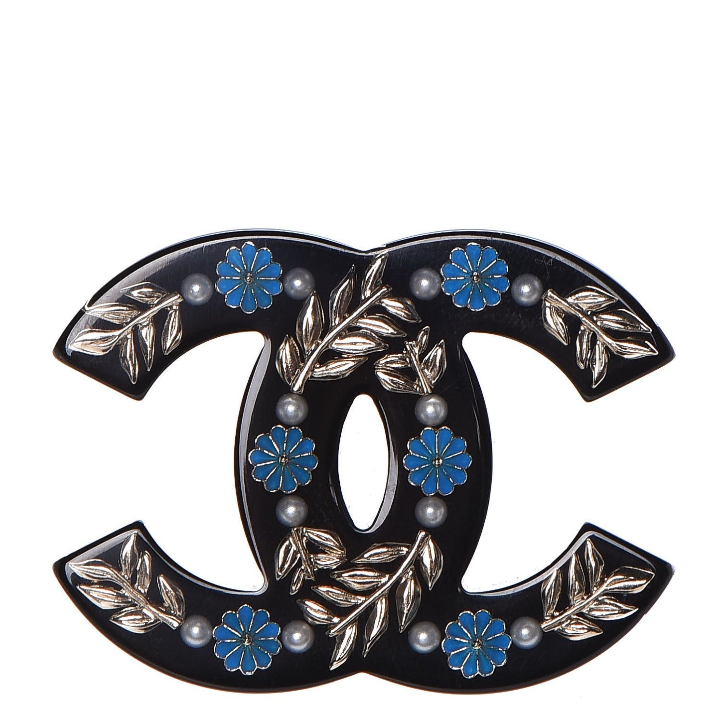 Resin Pearl Enamel Flower CC Brooch Black Blue Gold