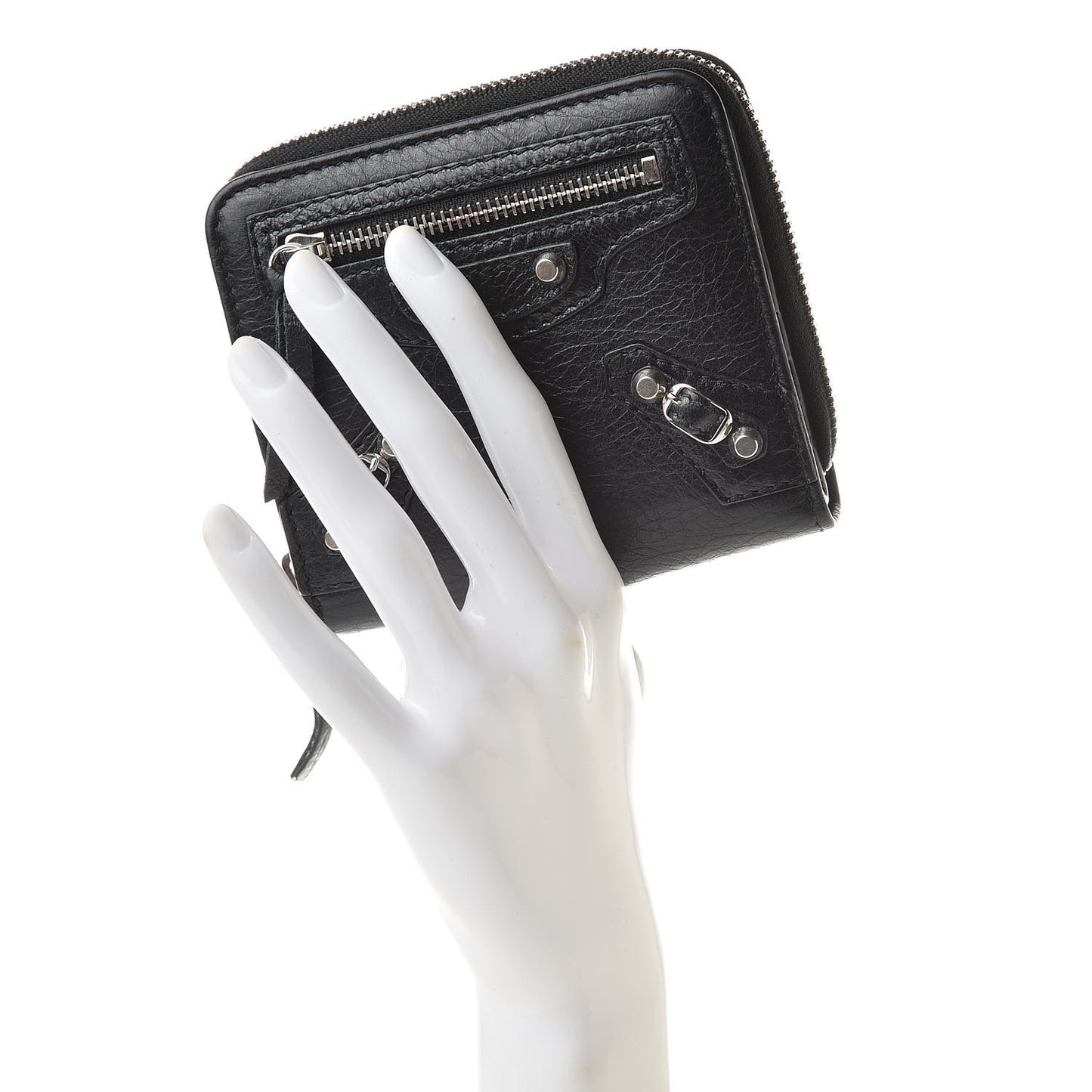 Agneau Classic Silver Hardware Compact Wallet Black