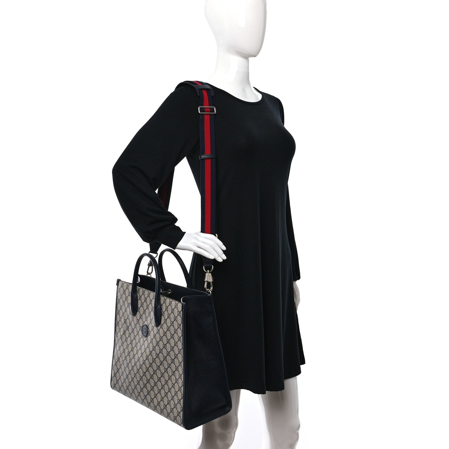 Gucci GG Supreme Monogram Textured Dollar Calfskin Web Medium Retro Interlocking G Tote Bag Beige Blue 2 of 12