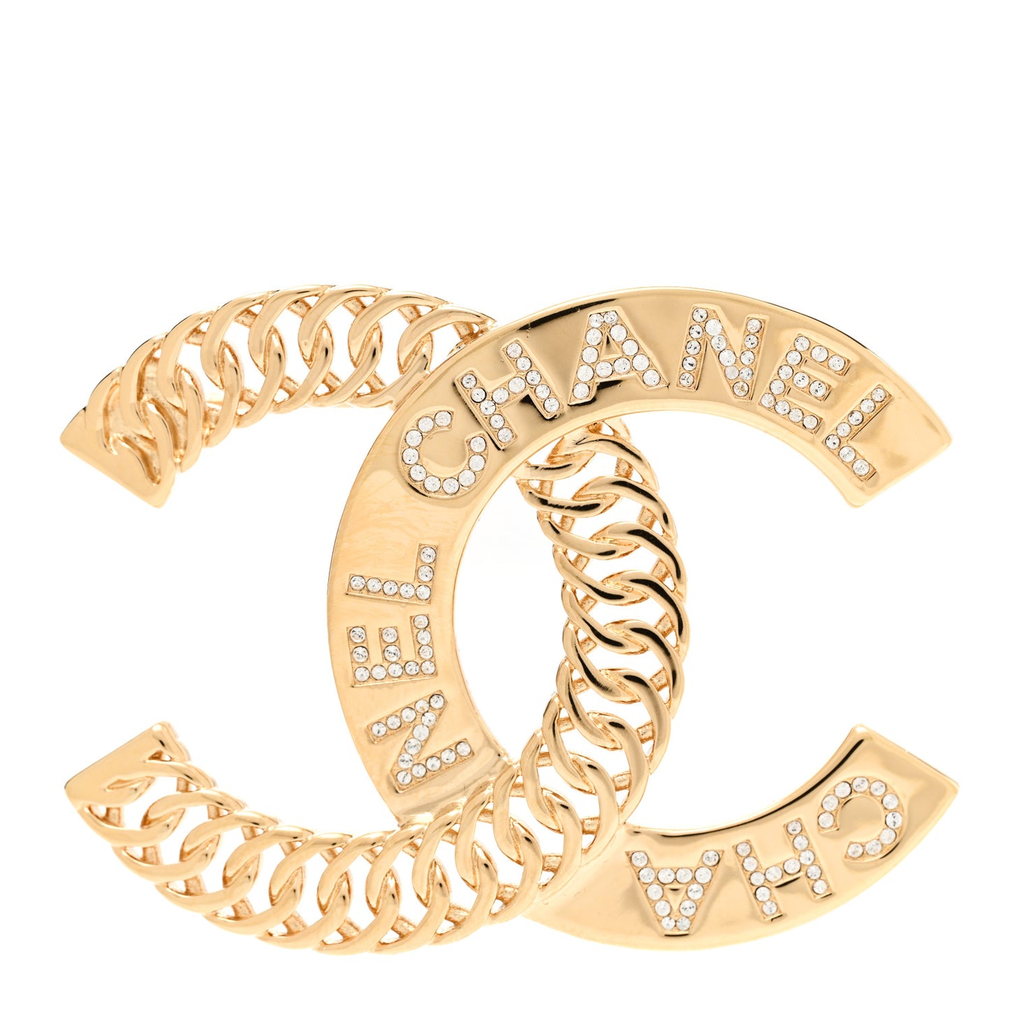 Crystal Chain CC Brooch Gold