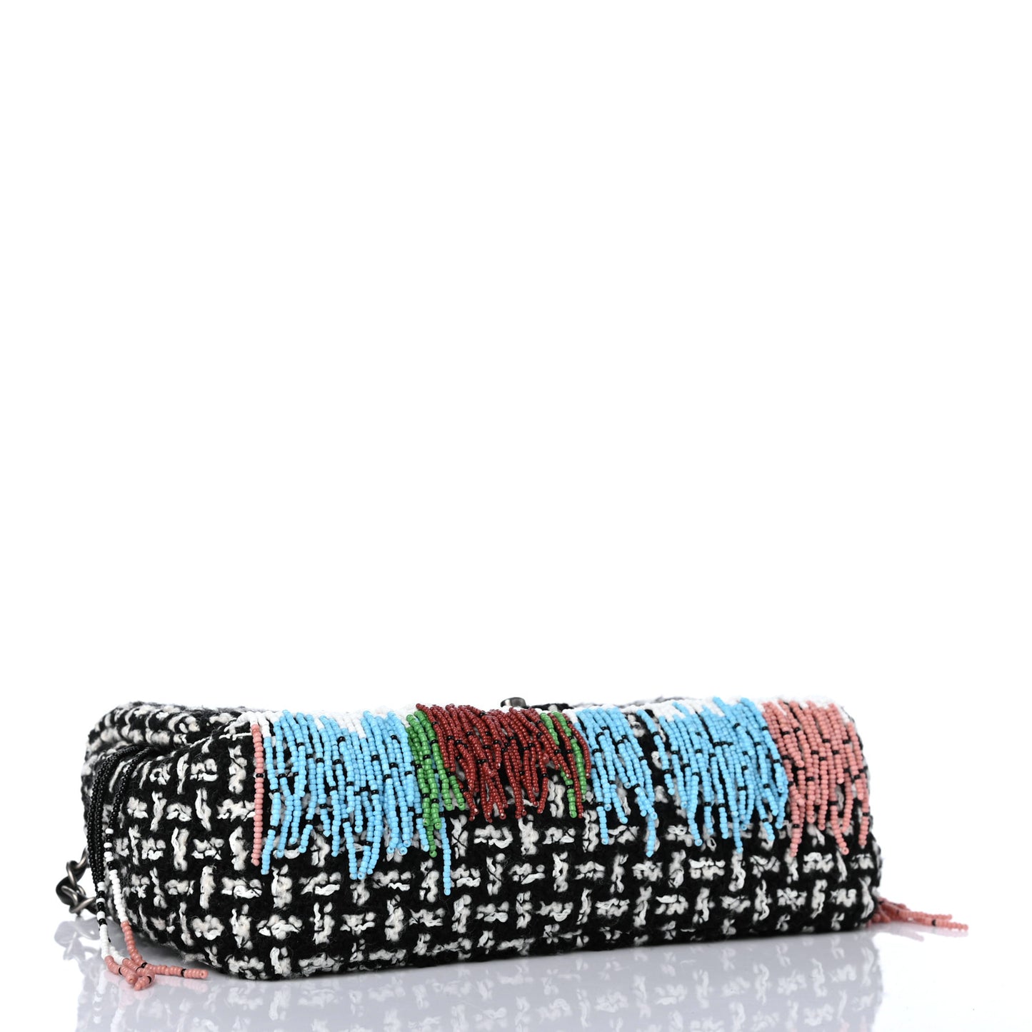 Tweed Beaded Fringe Flap Black White