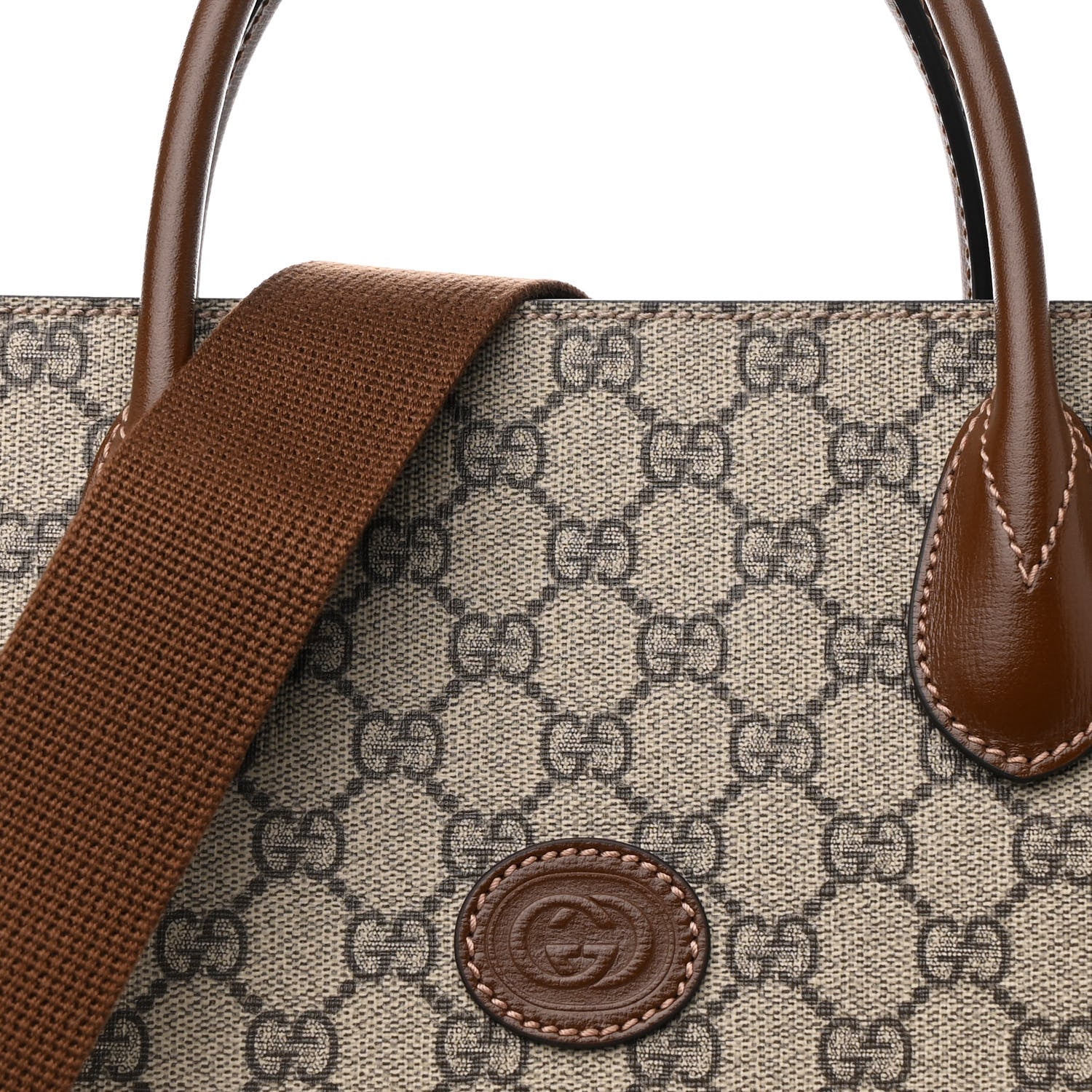 Gucci GG Supreme Monogram Textured Dollar Calfskin Web Medium Retro Interlocking G Vertical Tote Bag Beige Ebony Brown Sugar 8 of 10
