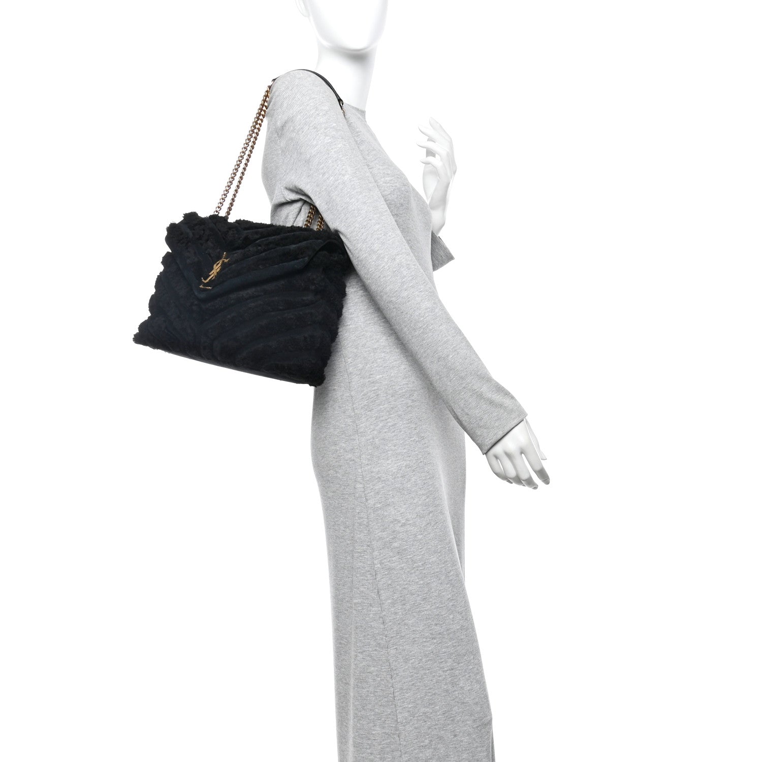 Saint Laurent Shearling Y Quilted Monogram Medium Loulou Chain Satchel Black 2 of 11