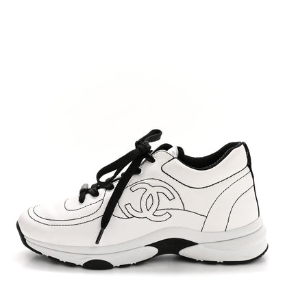 Chanel Cotton Womens CC Sneakers 38 White Black 1 of 10