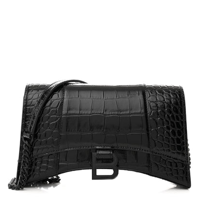 Balenciaga Shiny Calfskin Monochrome Crocodile Embossed Small Hourglass Evening Chain Bag Black 1 of 12