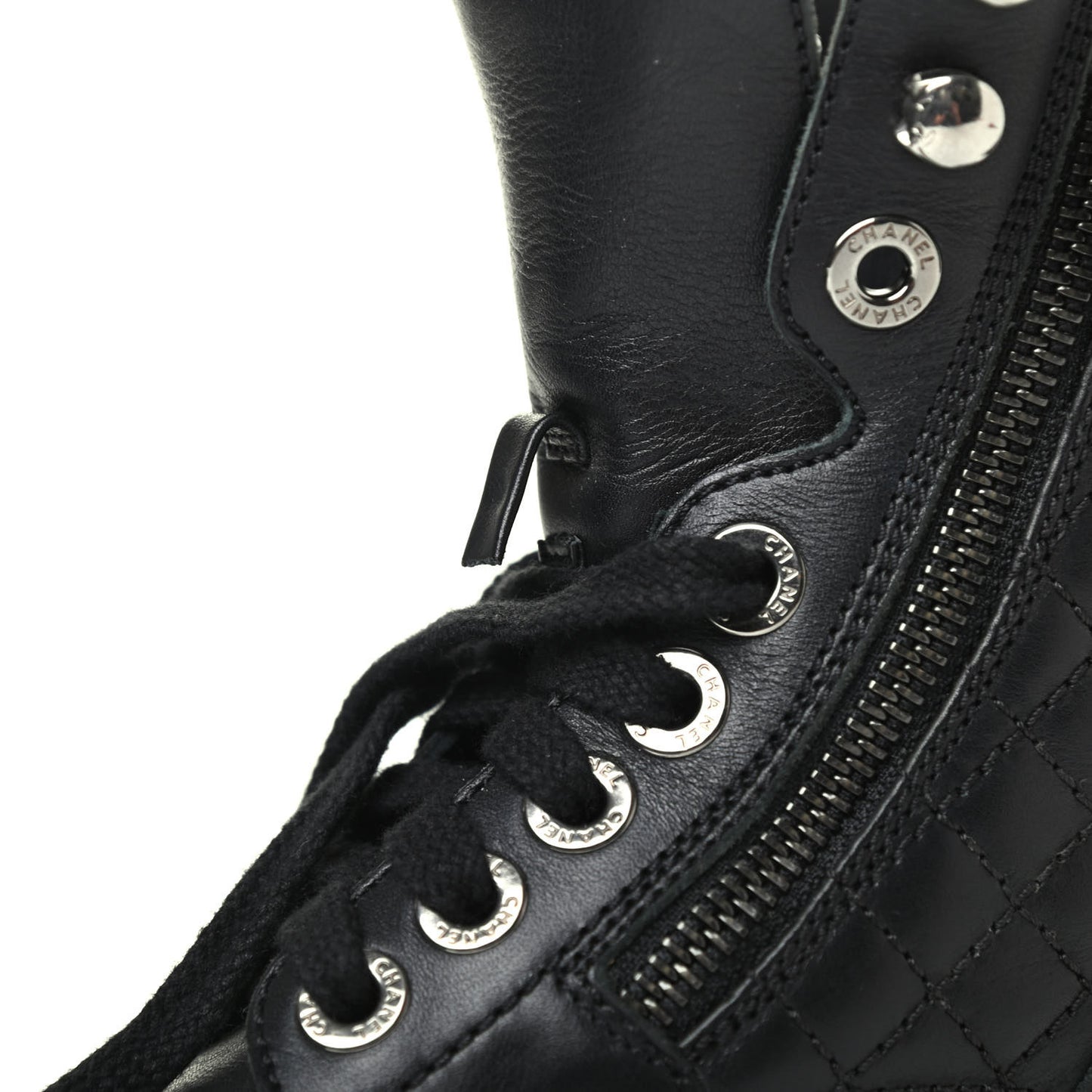 Calfskin Quilted Lace Up Combat Boots 36 Black