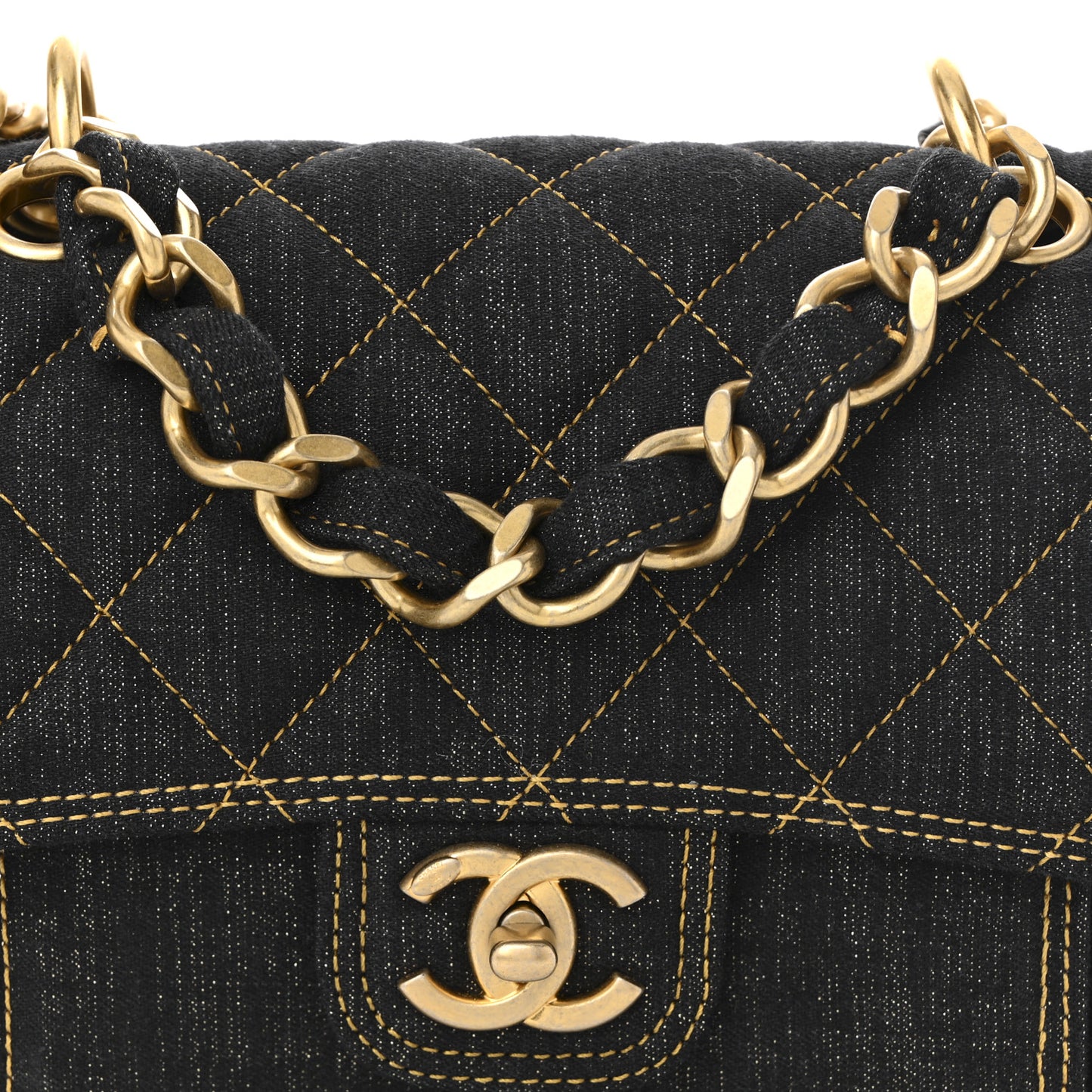 Denim Quilted Double You Mini Flap Black Golden