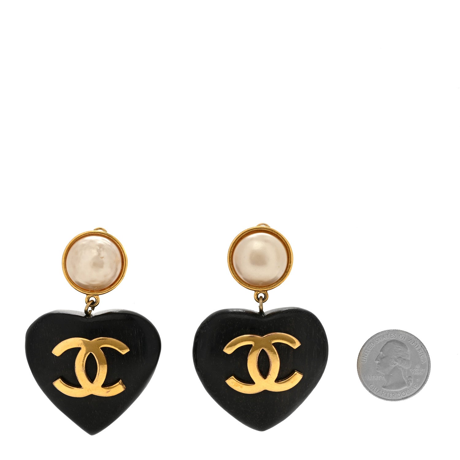 Chanel Wood Pearl CC Heart Drop Clip On Earrings Gold 2 of 4