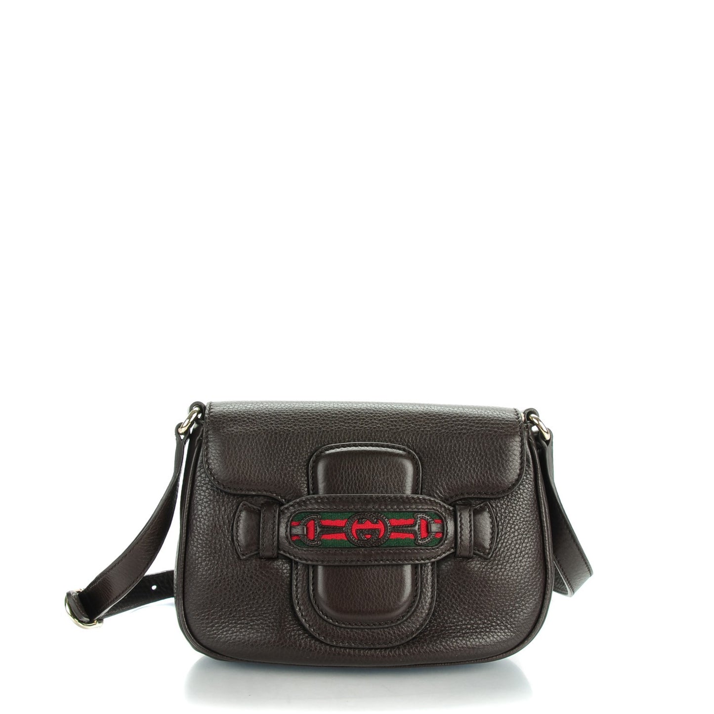 Pebbled Calfskin Web Small Dressage Shoulder Bag Dark Brown