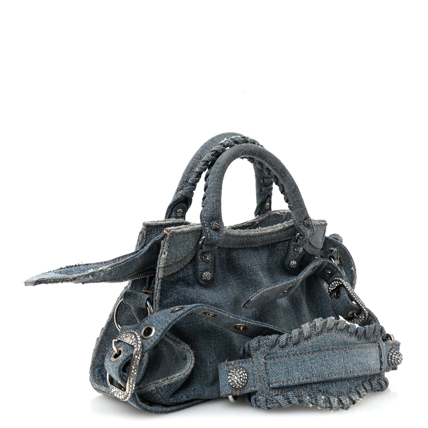 Washed Frayed Denim Crystal Neo Cagole Handbag XS Blue