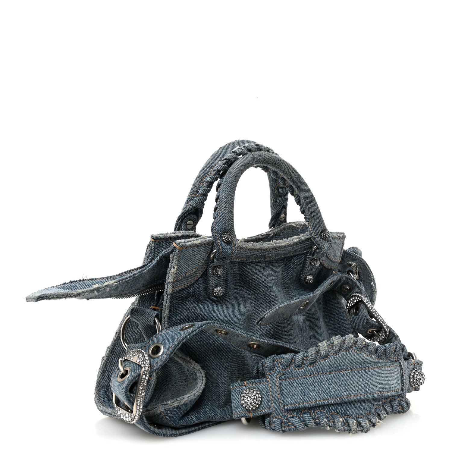 Balenciaga Washed Frayed Denim Crystal Neo Cagole Handbag XS Blue 4 of 11