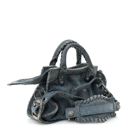 Balenciaga Washed Frayed Denim Crystal Neo Cagole Handbag XS Blue 4 of 11
