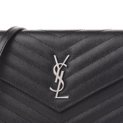 Saint Laurent Grain De Poudre Matelasse Chevron Monogram Envelope Chain Wallet Black 9 of 12