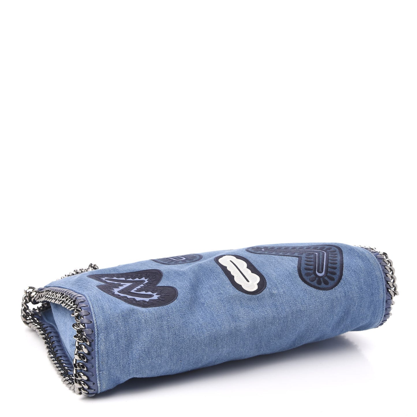 Eco Denim Embroidered Zigarette Falabella Fold Over Tote Blue