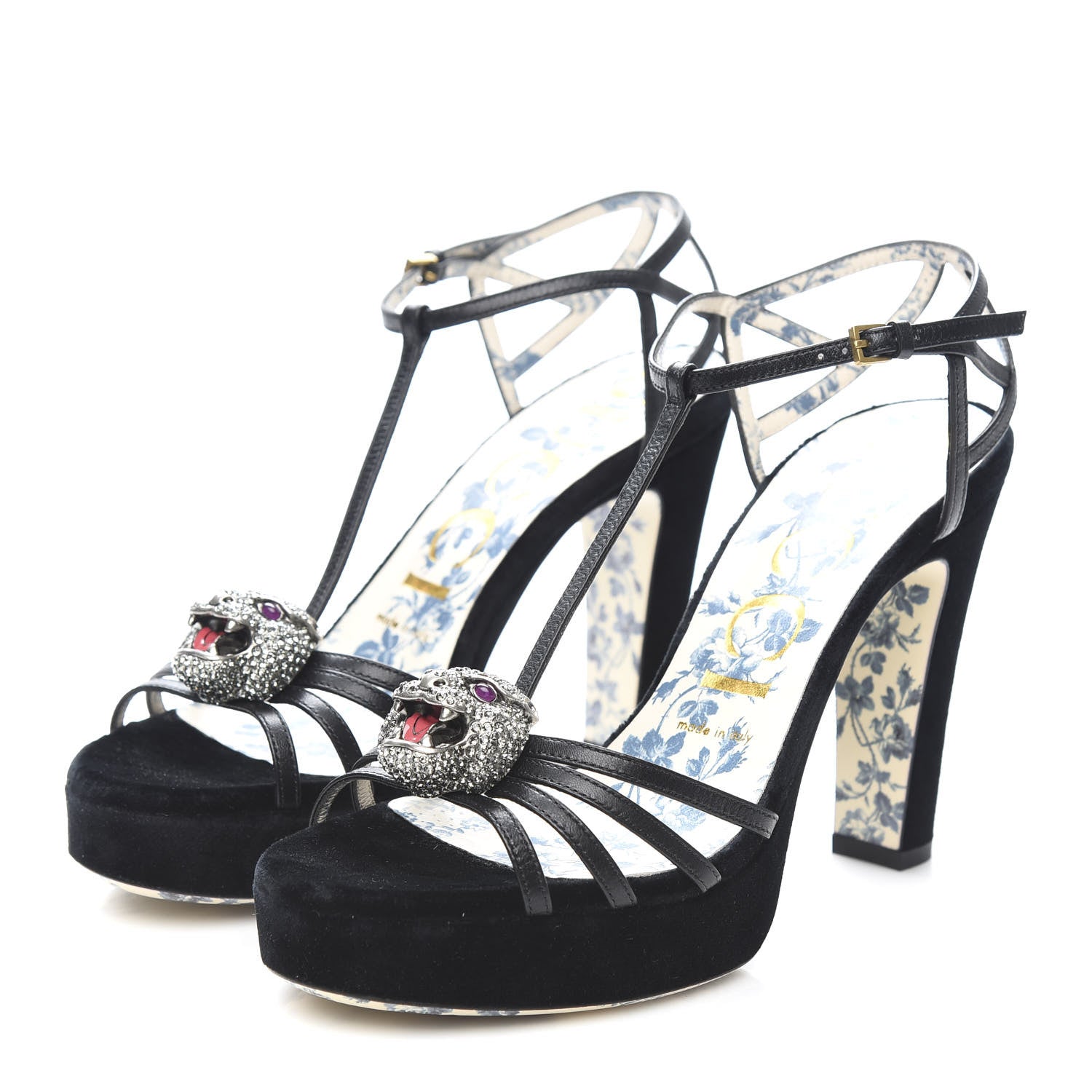 Gucci Velvet Malaga Kid Elias T-Strap Platform High Heel Sandals 37 Black 3 of 9
