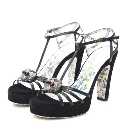 Gucci Velvet Malaga Kid Elias T-Strap Platform High Heel Sandals 37 Black 3 of 9