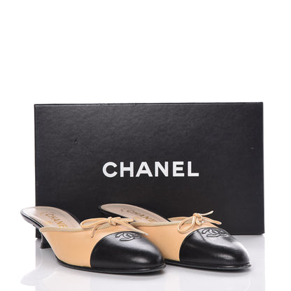Chanel Lambskin Cap Toe CC Mules 37.5 Beige Black 10 of 10