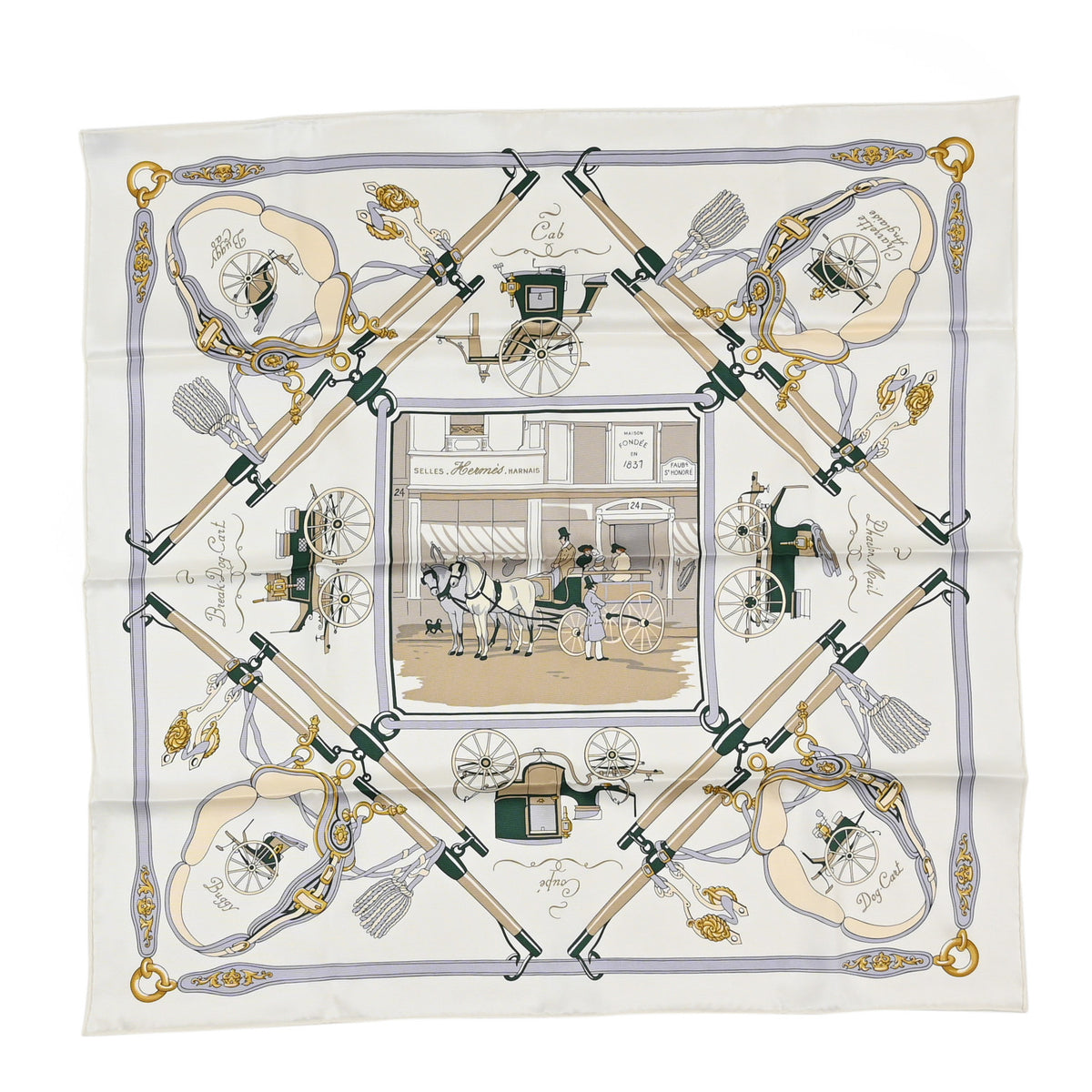 Silk Palonniers Scarf 70 Blanc Vert Sapin Beige