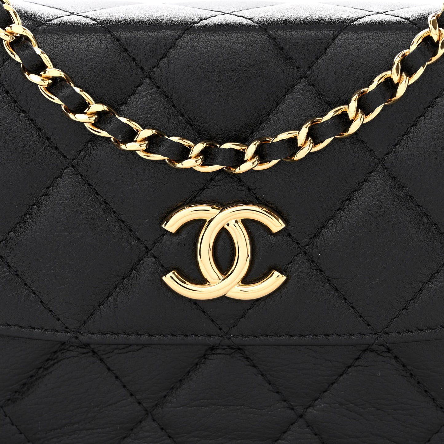 Shiny Aged Calfskin Quilted Top Handle Clutch With Chain Black