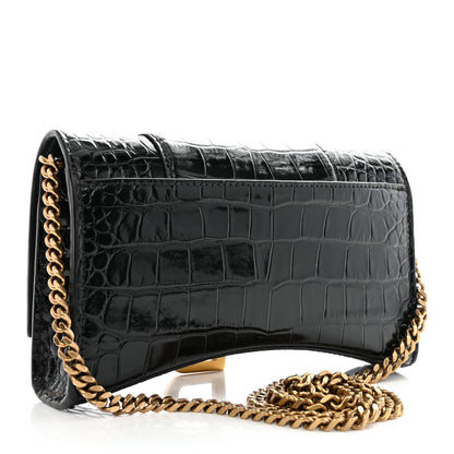 Balenciaga Shiny Calfskin Crocodile Embossed Hourglass Chain Bag Black 2 of 10