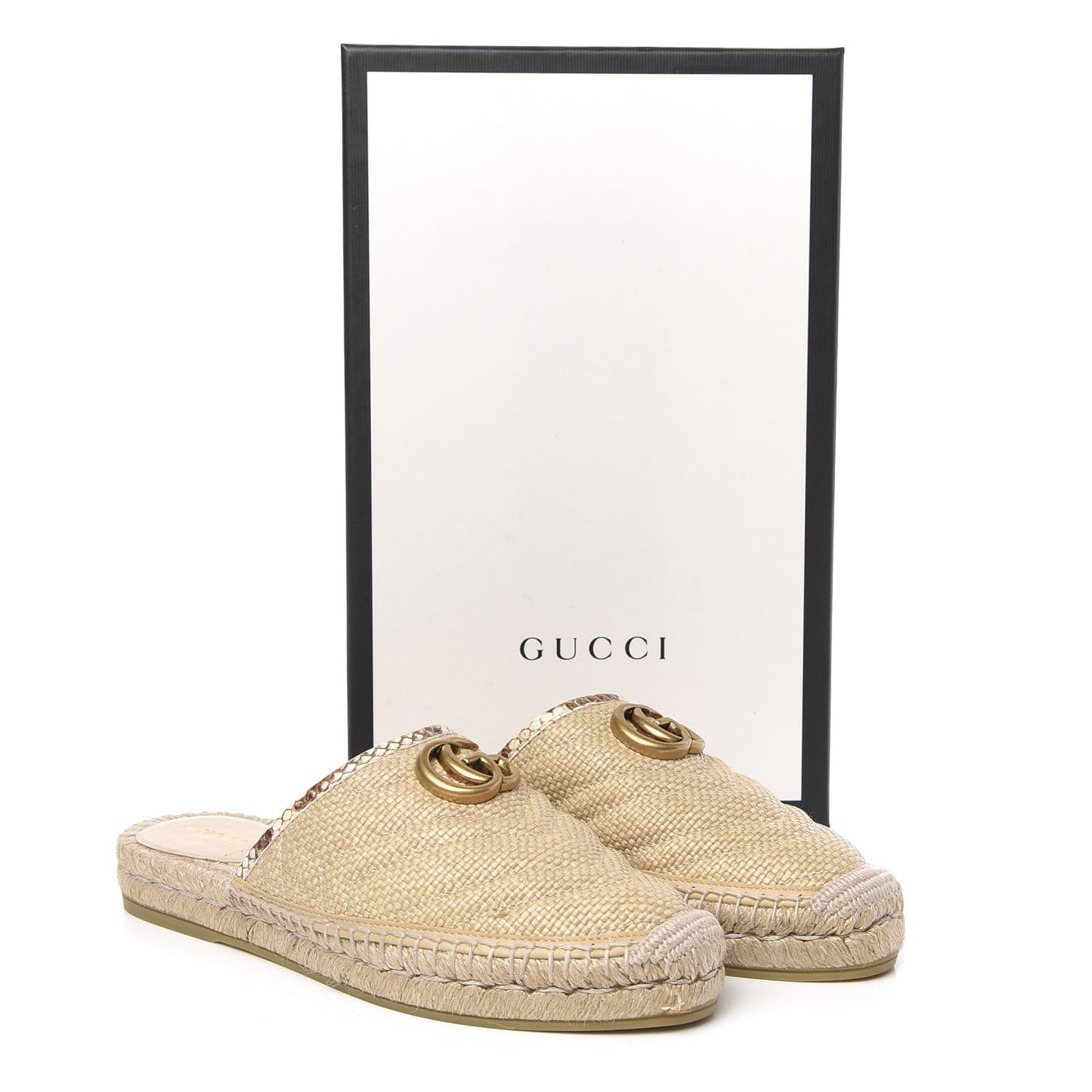 Straw Elaphe Matelasse GG Marmont Espadrille Slippers 37 Natural Cream Brown