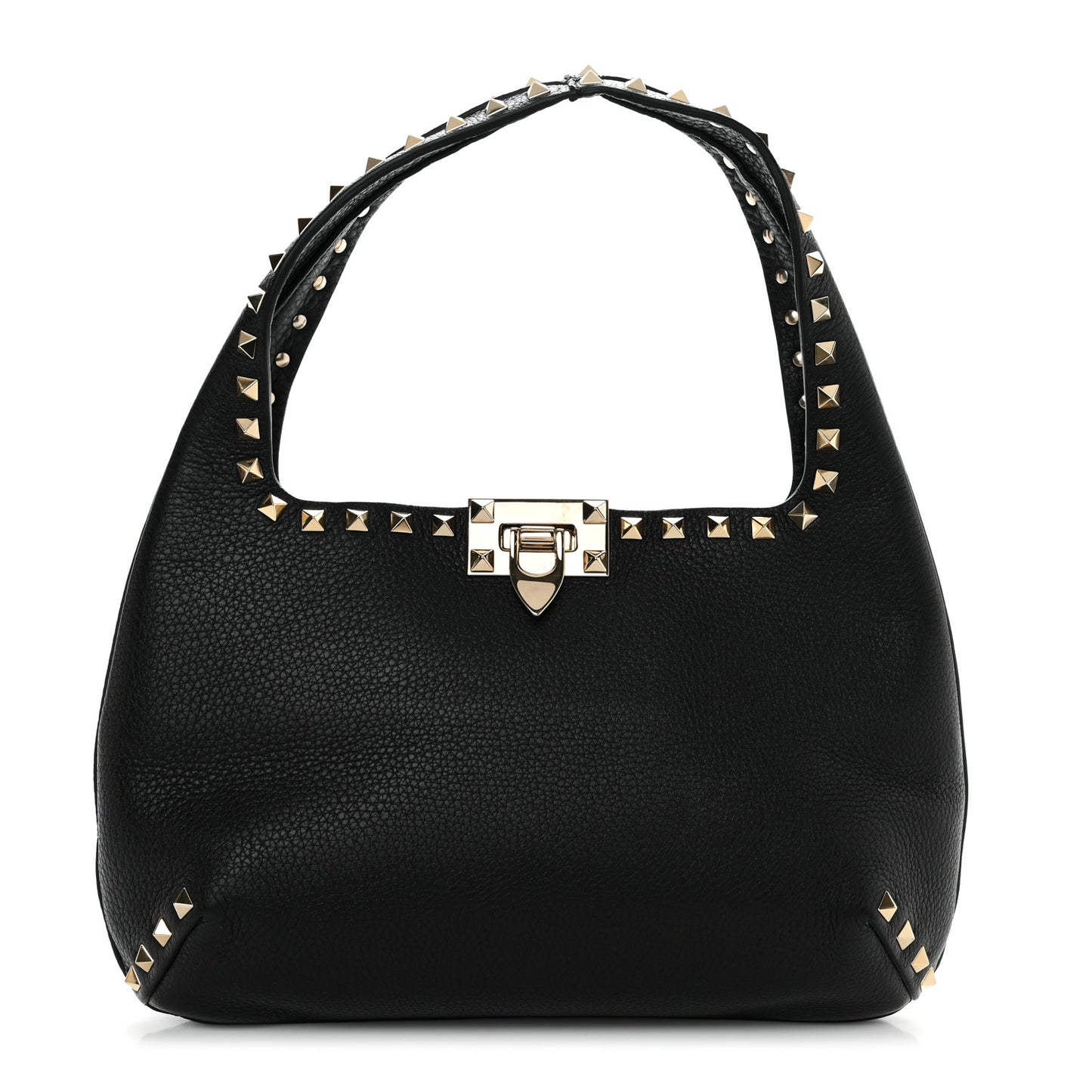 Pebbled Calfskin Small Rockstud Flip Lock Hobo Black
