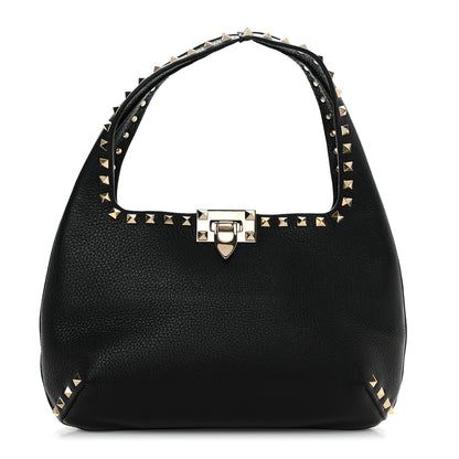 Valentino Garavani Pebbled Calfskin Small Rockstud Flip Lock Hobo Black 1 of 9