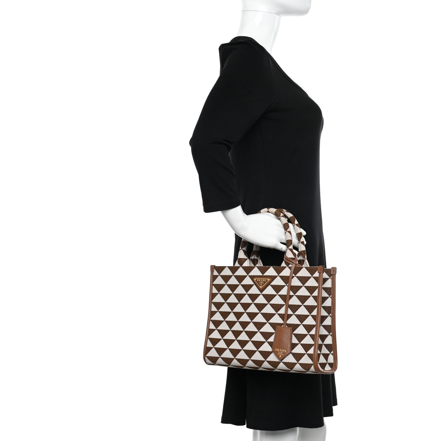 Prada Jacquard Saffiano Triangolo Symbole Embroidered Small Tote Tobacco Talco 2 of 12