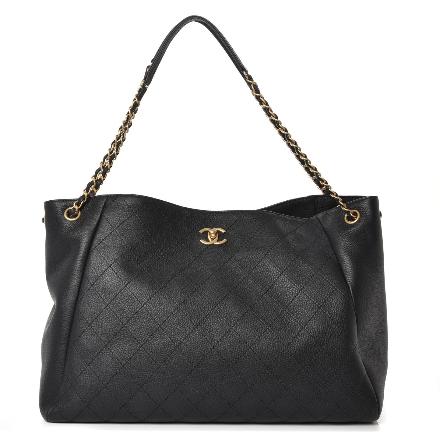 Grained Calfskin Quilted Large Supple Rock Shopping Tote Black