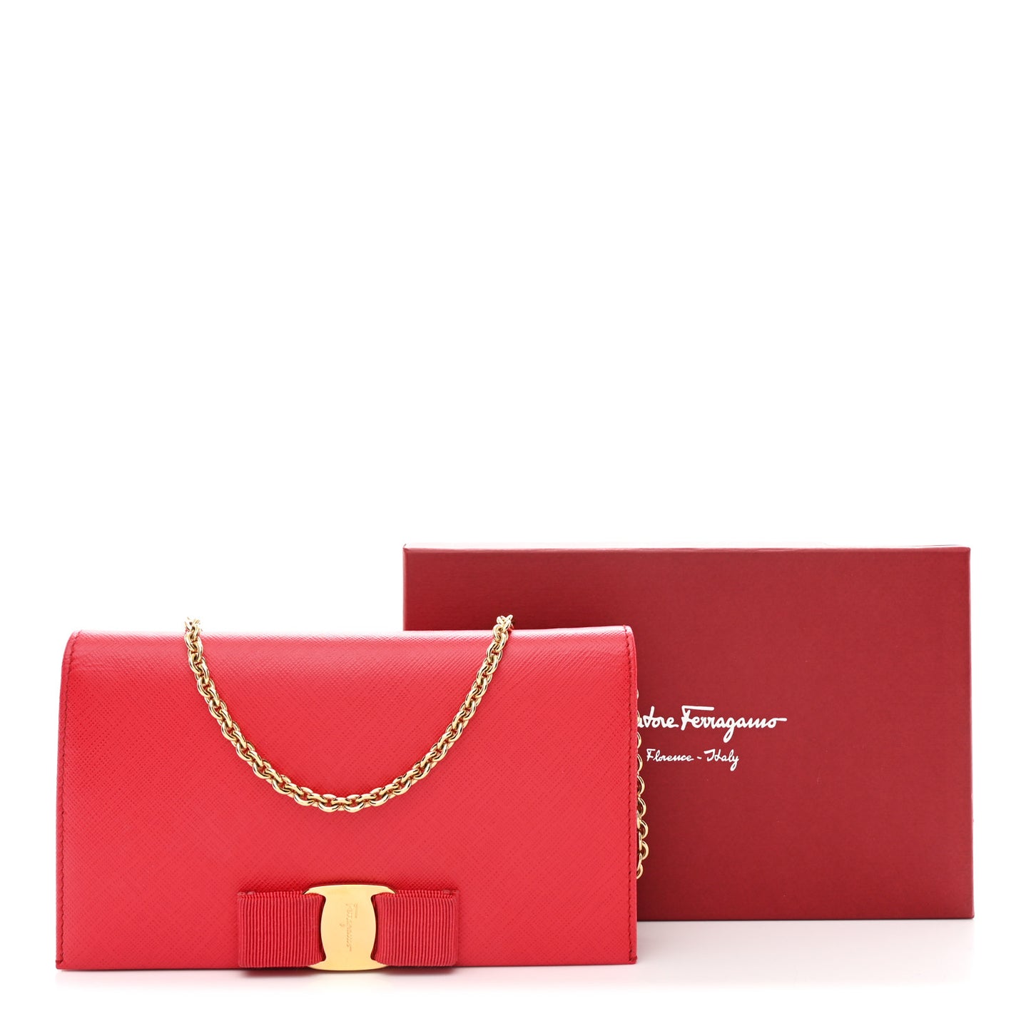 Printed Calfskin Vara Bow Chain Wallet Red