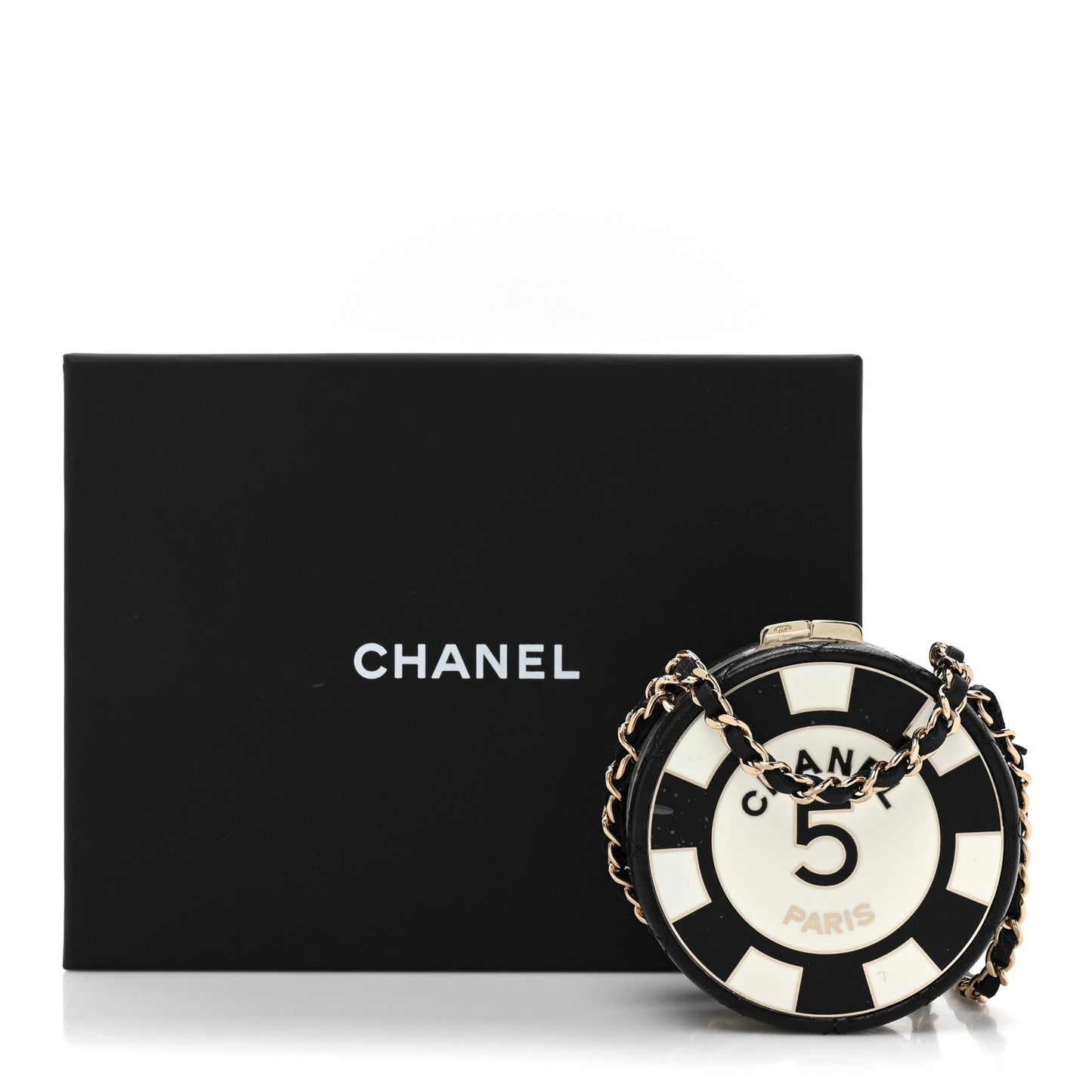 Lambskin Enamel Quilted Round Poker Chip Clutch With Chain Black White