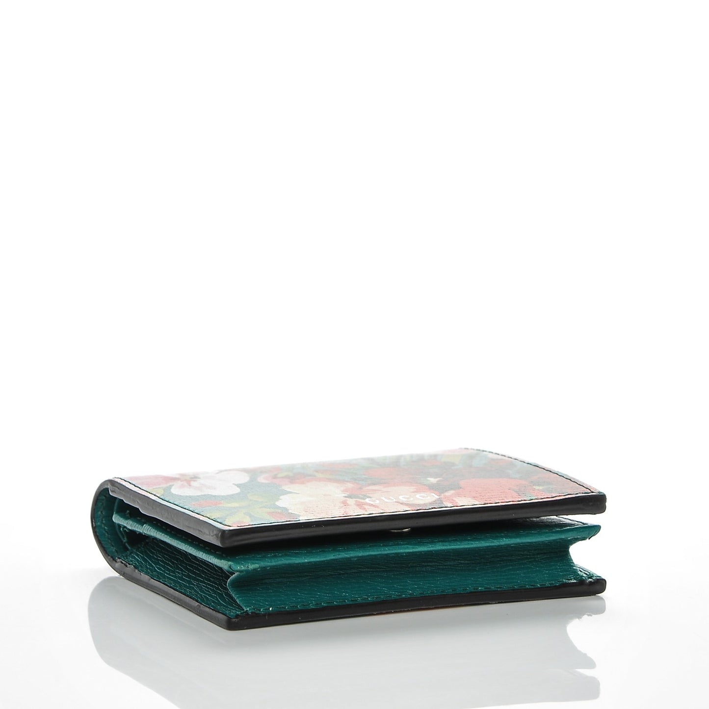 Shangai Calfskin Blooms Print Card Case Wallet Clear Bright Emerald Multicolor