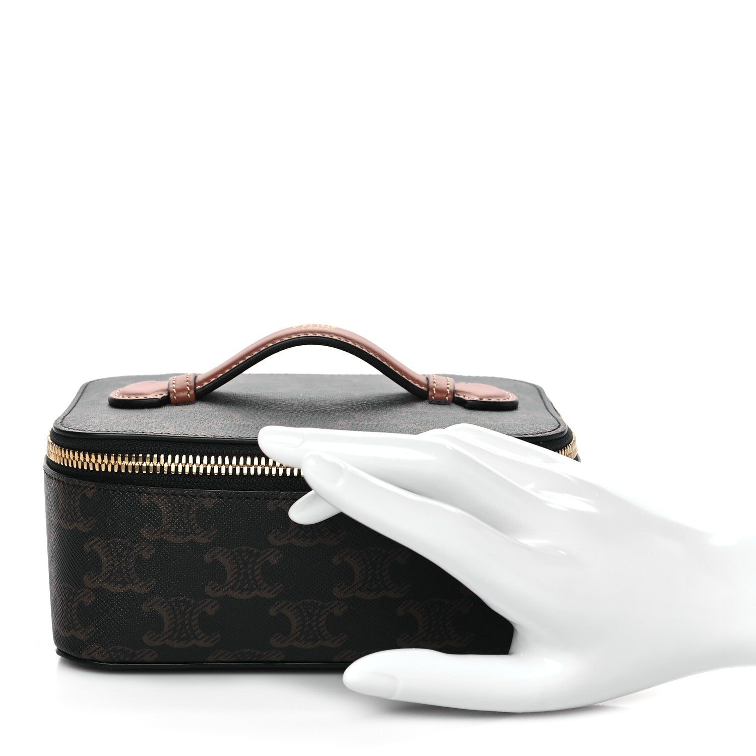 Celine Triomphe Canvas Calfskin Small Top Handle Toiletry Case Tan