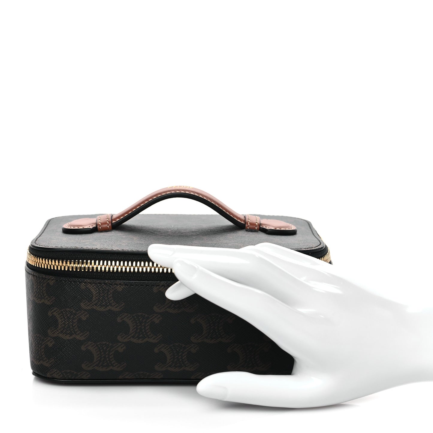 Triomphe Canvas Calfskin Small Top Handle Toiletry Case Tan