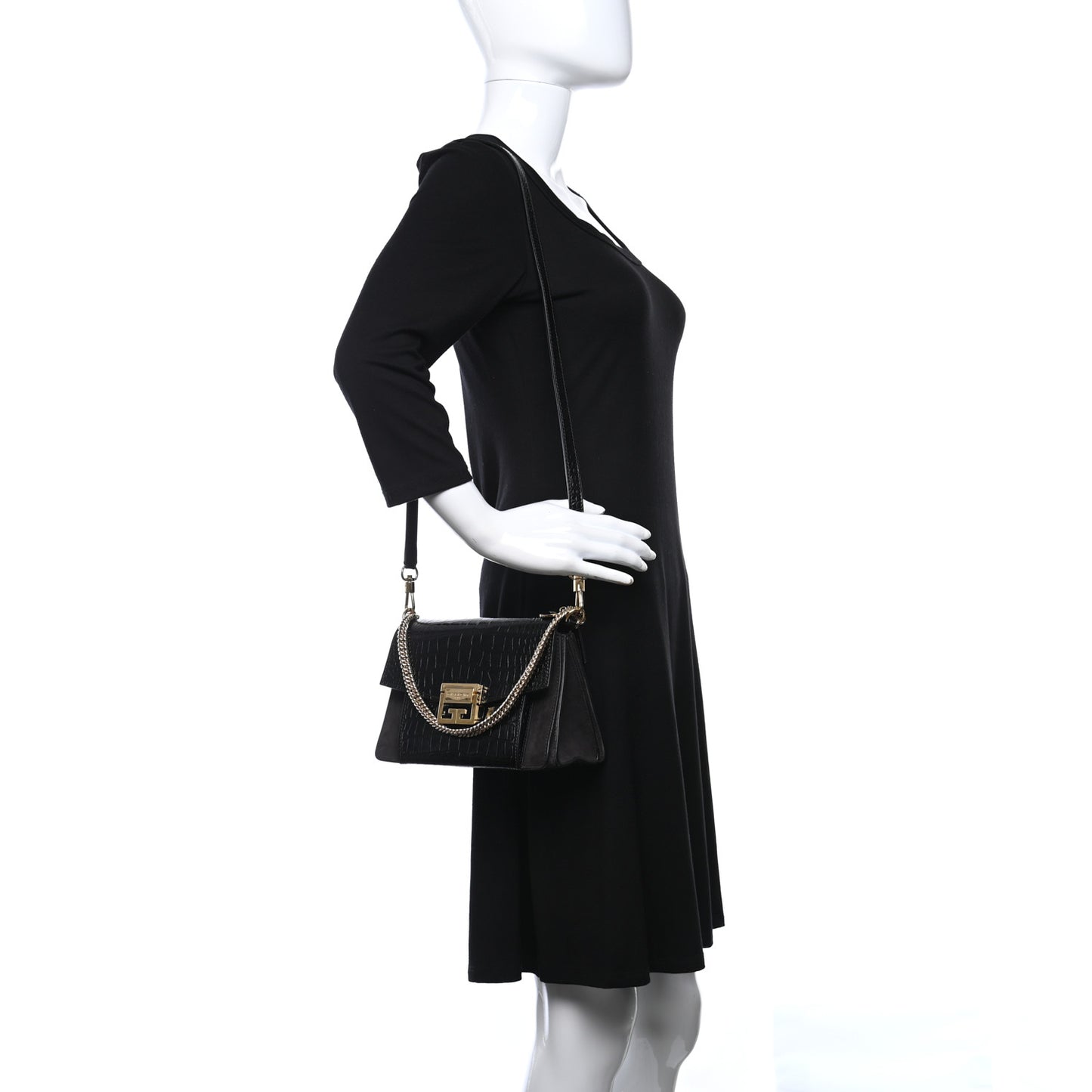 Calfskin Crocodile Embossed Suede Small GV3 Shoulder Bag Black