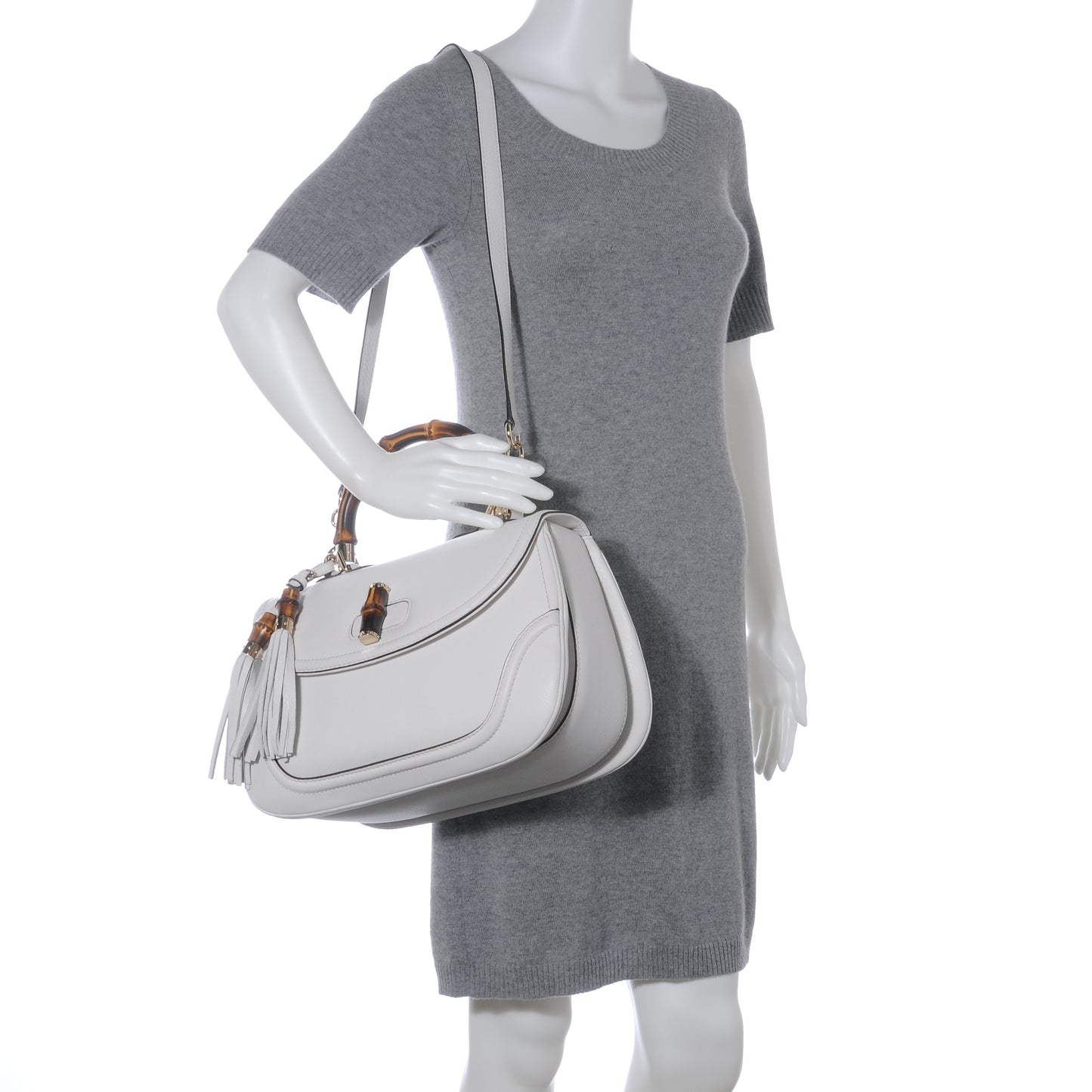 Pebbled Calfskin Large New Bamboo Medium Top Handle Bag White