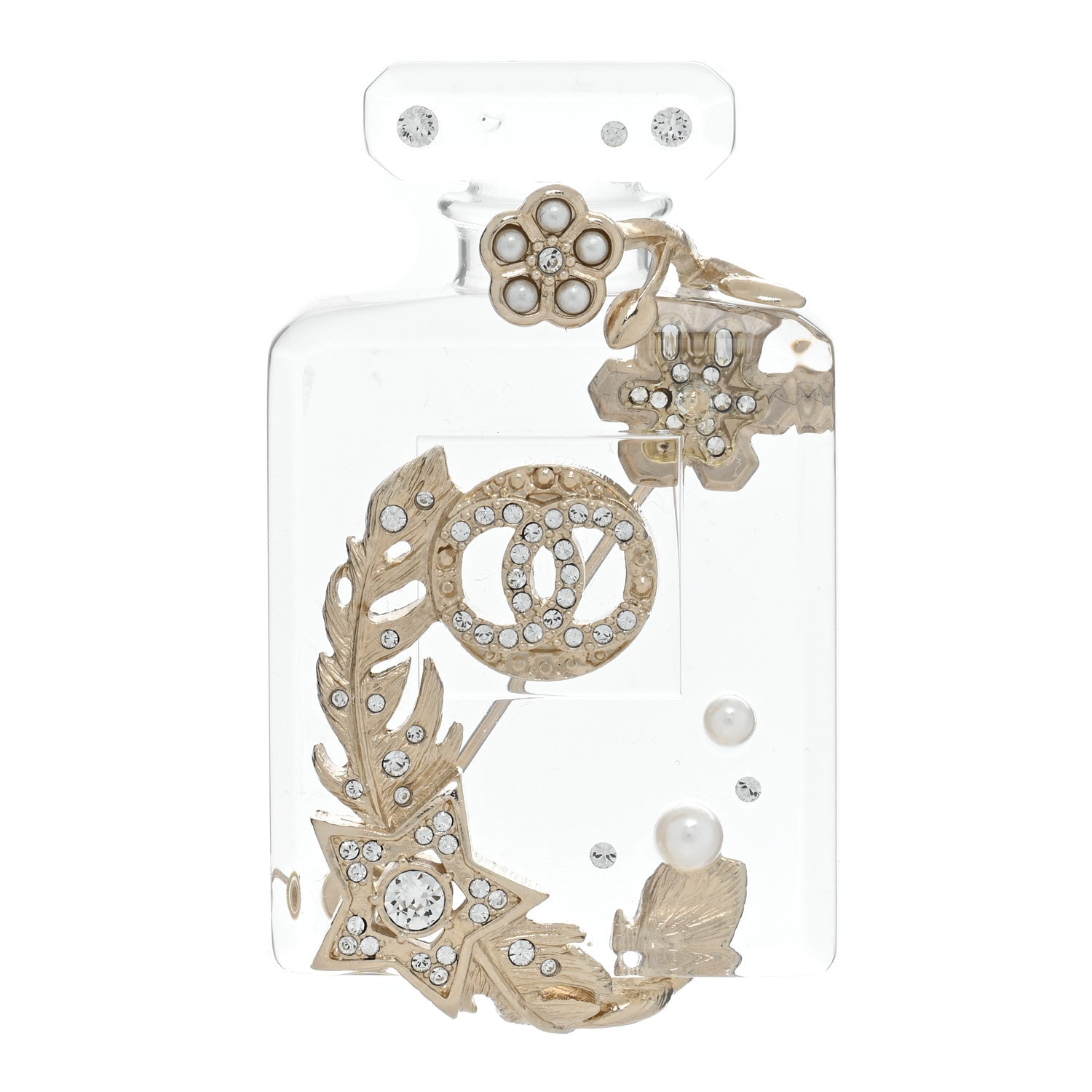 Chanel Pearl Resin Crystal CC No 5 Perfume Bottle Brooch Gold 1 of 5