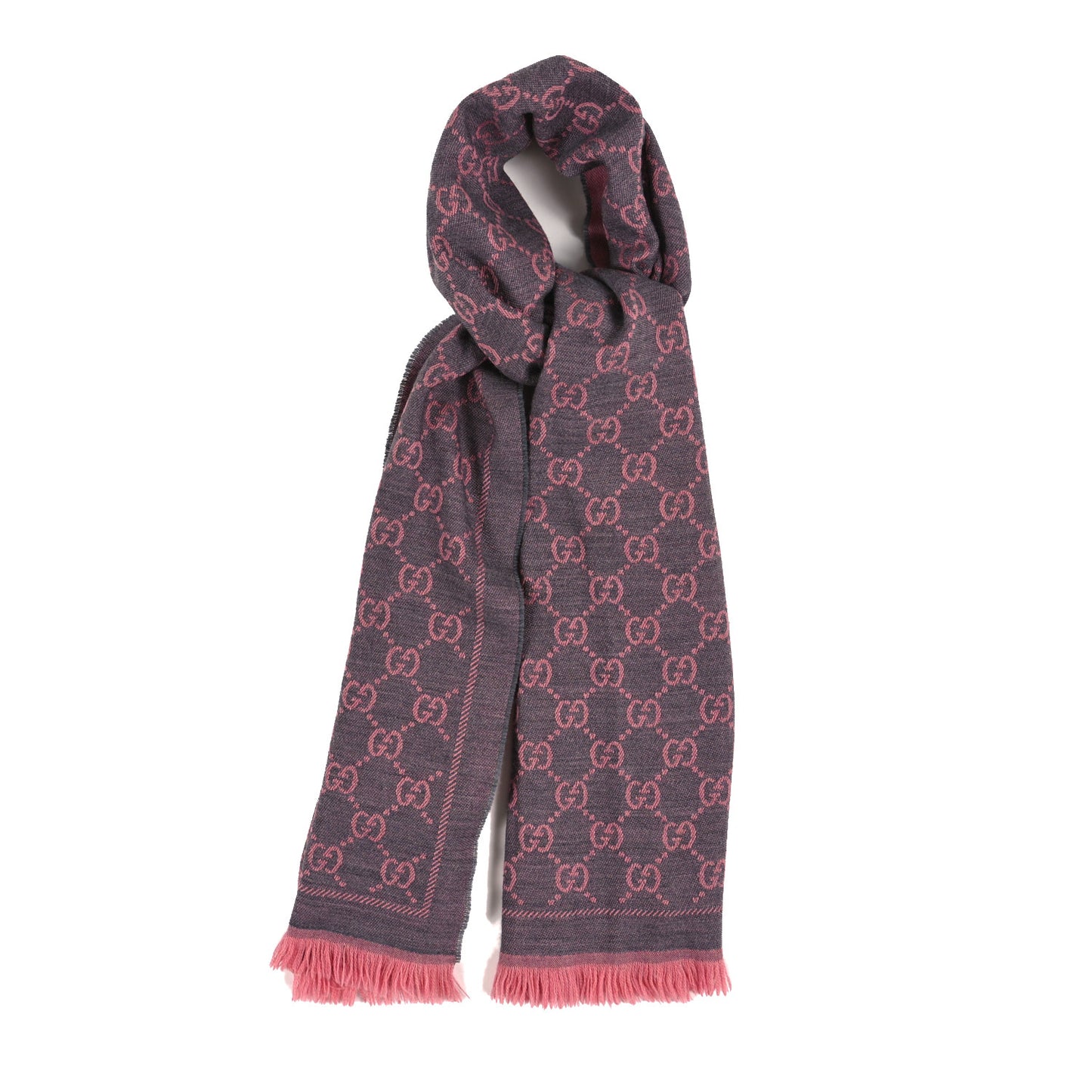 Wool Jacquard GG Monogram Sten Fringe Scarf Graphite Pink